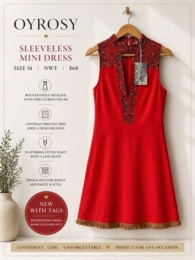 Oyrosy Sleeveless Red Mini Dress Keyhole Neck Fringe Hem Size M NWT